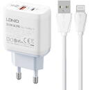 Ldnio A2421C USB, USB-C 22.5W, Alb + Cablu USB - Lightning