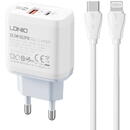 Ldnio A2421C USB, USB-C 22.5W, Alb + Cablu USB-C - Lightning