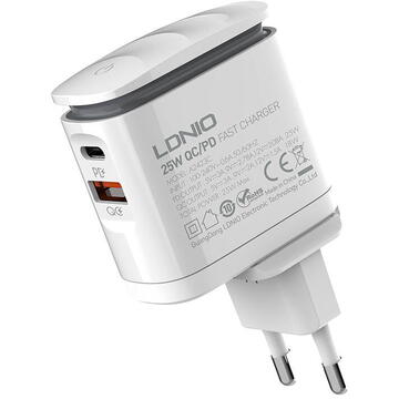 Incarcator de retea Ldnio A2423C, USB, USB-C,25W, Alb + Cablu USB-C la Lightning