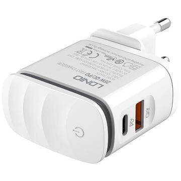 Incarcator de retea Ldnio A2423C, USB, USB-C,25W, Alb + Cablu USB-C la Lightning