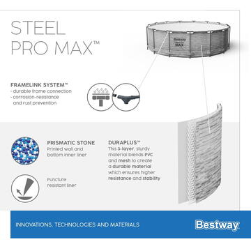 Bestway Steel Pro MAX Above Ground Pool Set Round 427cm x427cmx122 cm, Pompa inclusa, Gri