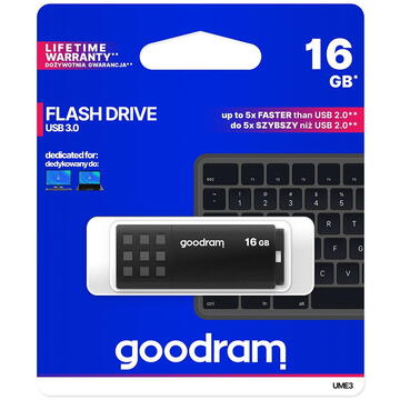 Memorie USB GOODRAM memory USB UME3 16GB USB 3.0 Negru, Citire 60 MB/s, Scriere 20 MB/s