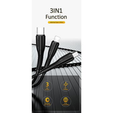 Incarcator Auto C13 + Cablu U35 Micro-USB, Lightning, Type-C 2A - USAMS Kit King Tu Series - Black