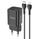 Hoco N19 USB-C, PD 25W, QC 3.0, 3A + Cablu Type-C la Lightning, 1m