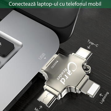 Card reader Cititor de Carduri MicroSD + Adaptor USB, Type-C, Lightning, Micro-USB - Yesido (GS13) - Silver