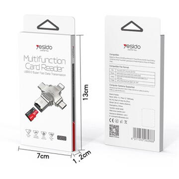 Card reader Cititor de Carduri MicroSD + Adaptor USB, Type-C, Lightning, Micro-USB - Yesido (GS13) - Silver