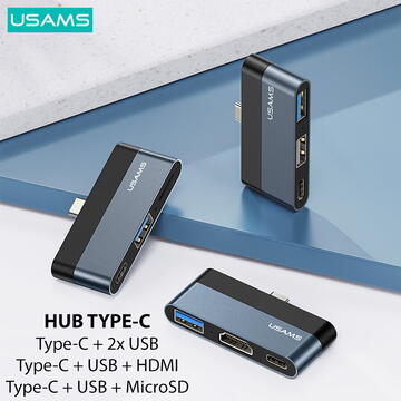 Hub Type-C la 1xUSB, Type-C, Micro SD - USAMS mini (US-SJ491) - Dark Gray