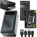 EPB-093, 30000mAh, Panou solar, 4 cabluri integrate, USB Type-C, MicroUSB, 2 x USB, Universal, Portabil, Afisaj LED, Lanterna LED, Negru