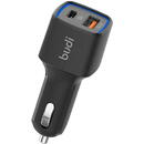Budi Budi LED Car Charger, USB + USB-C, 18W, PD + QC 3.0 (Black)