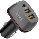 Budi Car charger Budi, 2x USB + USB-C, QC + PD (black)