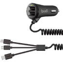 Budi LED car charger 2x USB, 3.4A + 3in1 USB to USB-C / Lightning / Micro USB cable (black)