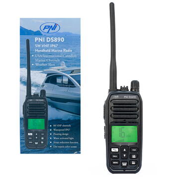 Statie radio Statie radio maritima portabila PNI DS890, 88 canale, 10 canale meteo, Squelch reglabil, Roger Beep, Dual Watch, Scan, Call, NRC, acumulator 1800mAh, IP67