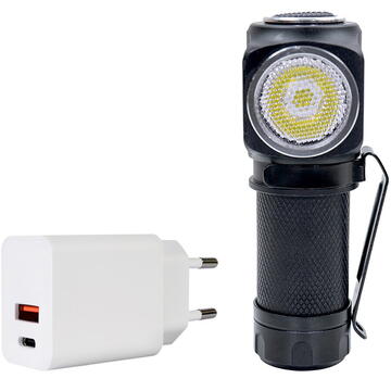 Pachet Lanterna frontala PNI Adventure F75 cu LED 6W, 600 lm, din aluminiu, cu acumulator si alimentator PNI CHG300 cu port USB C, QC3.0, PD3.0, PPS si port USB-A, 30W