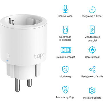 Prize inteligente TP-LINK Mini Tapo P115, Wi-Fi, monitorizare consum energie, voice control, 16A, compatible with Android / iOS, Amazon Alexa si Google Assistant, 220-240V, design compact, Alb