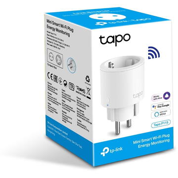Prize inteligente TP-LINK Mini Tapo P115, Wi-Fi, monitorizare consum energie, voice control, 16A, compatible with Android / iOS, Amazon Alexa si Google Assistant, 220-240V, design compact, Alb