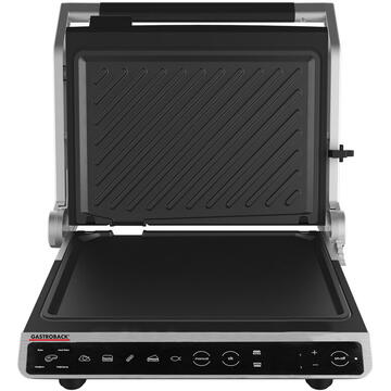 Gastroback BBQ Advanced Smart, 2 suprafete gatire 29x26 cm, 4 programe de gatire a fripturii, 6 programe prestabilite, placi anti-aderente temperatura reglabila, functie low fat, argintiu