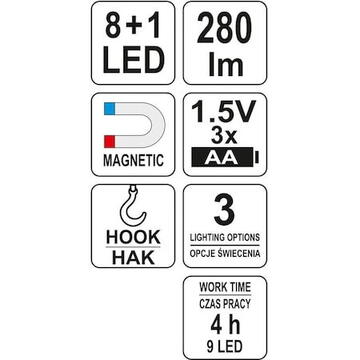 Yato Lanterna cu magnet rabatabila  8+1 LED 2w1 3xAA (YT-08513)