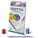 Creioane colorate, cutie carton, 10 culori/cutie + ascutitoare + radiera, GIOTTO Stilnovo Erasable