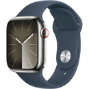 Apple Watch Series 9 LTE 41mm Silver Stainless Steel Case with Sport Band S/M Storm Blue