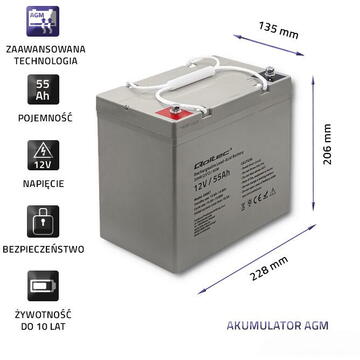 Qoltec 53067 AGM battery | 12V | 55Ah | max. 825A