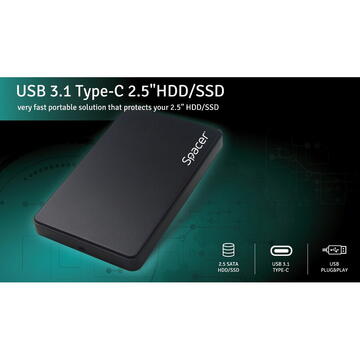 HDD Rack RACK extern SPACER, pt HDD/SSD, 2.5 inch, S-ATA, interfata PC USB 3.1 Type C, plastic, negru, "SPR-TYPE-C-01" (timbru verde 0.8 lei)
