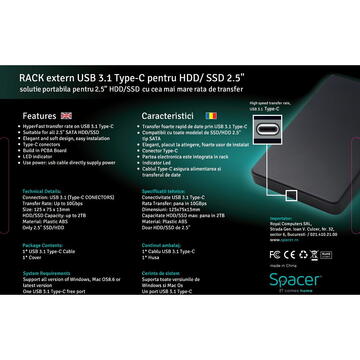 HDD Rack RACK extern SPACER, pt HDD/SSD, 2.5 inch, S-ATA, interfata PC USB 3.1 Type C, plastic, negru, "SPR-TYPE-C-01" (timbru verde 0.8 lei)