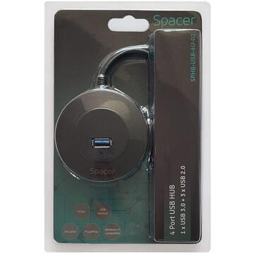 HUB extern SPACER, porturi USB:USB 3.0 X 1, USB 2.0 x 3, conectare prin USB 3.0, cablu 1m,Plastic ABS, Negru,  (timbru verde 0.8 lei), "SPHB-USB-4U-02"