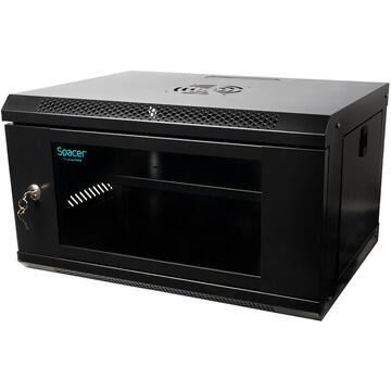 CABINET 19" SPACER    6U 500x450mm, fixare pe perete, Flatpack (dezasamblat),  Black, usa sticla cu blocare, panouri detasabile, otel 1mm, sarcina maxima 25Kg, "SPCW-6U-450-BK-02"