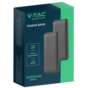 Baterie externa V-Tac POWER BANK 10000MAH CU CABLU 30CM TIP C  -  NEGRU