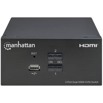 Switch Manhattan HDMI KVM Switch 2-Port, 4K@30Hz, USB-A/3.5mm Audio/Mic Connections, Cables included, Audio Support, Control 2x computers from one pc/mouse/screen, USB Powered, Black, Three Year Warranty, Boxed