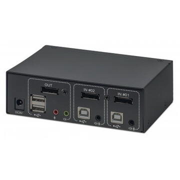 Switch Manhattan DisplayPort 1.2 KVM Switch 2-Port, 4K@60Hz, USB-A/3.5mm Audio/Mic Connections, Cables included, Audio Support, Control 2x computers from one pc/mouse/screen, USB Powered, Black, Three Year Warranty, Boxed