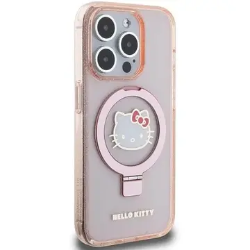 Husa Hello Kitty Ring Stand Glitter Electrop Logo MagSafe Case for iPhone 15 Pro - Pink