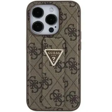 Husa Guess Grip Stand 4G Triangle Strass pentru iPhone 15 – maro