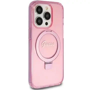 Husa Guess Ring Stand Script Glitter MagSafe pentru iPhone 15 Pro – roz