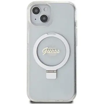 Husa Guess iPhone 15 6.1" transparent husă MagSafe cu inel-suport (Ring Stand) Script Glitter
