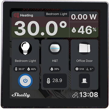 Intrerupator Smart Shelly Wall Display cu touchscreen, Negru, functie de termostat, Wi-FI, Bluethooth, 1 canal 5A
