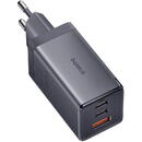 Baseus GaN5 Pro Fast Charger 65W, 2 x USB Type-C 5V/3A, 1 x USB 5V/3A, cablu fast charging Type-C la Type-C 1m inclus, Gri