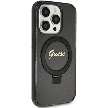Husa Guess Ring Stand Script Glitter MagSafe pentru iPhone 15 Pro Max – negru