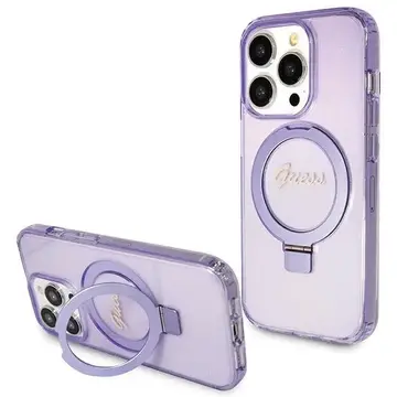 Husa Guess Ring Stand Script Glitter MagSafe pentru iPhone 15 Pro Max – violet