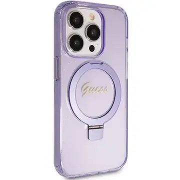Husa Guess Ring Stand Script Glitter MagSafe pentru iPhone 15 Pro Max – violet