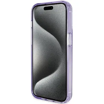 Husa Guess Ring Stand Script Glitter MagSafe pentru iPhone 15 Pro Max – violet