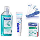 Pachet Trisa Travel format din pasta de dinti Trisa Revital Sensitive Mini 15 ml plus periuta dinti Trisa travel plus pastilele dentare TRISA  plus apa de gura Trisa Complete Care 100 ml + Xylitol