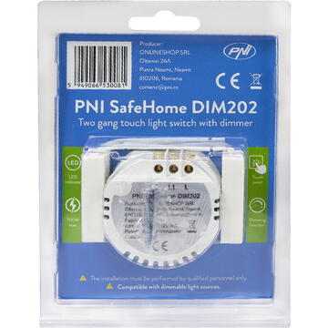 Intrerupator dublu cu touch si dimmer PNI SafeHome DIM202, 2X700W,  Live Wire, fara nul, sticla
