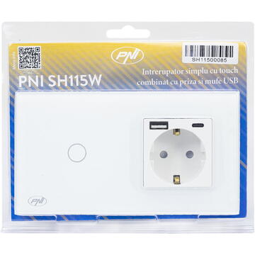 Intrerupator simplu PNI SH115W din sticla cu touch, combinat cu priza Schuko si mufe USB