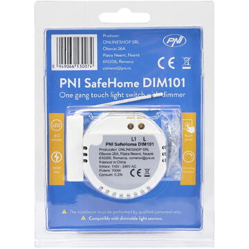 Intrerupator simplu cu touch si dimmer PNI SafeHome DIM101, 1X700W,  Live Wire, fara nul, sticla