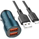 Borofone Incarcator Auto Cu Cablu Lightning Borofone BZ19 Wisdom, 12W, 2.4A, 2 x USB-A, Albastru