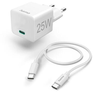 Incarcator de retea Hama Fast Charger with USB-C Charging Cable, Mini Charger, PD, 25W, 1.5m, white