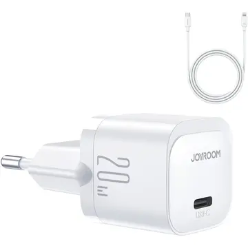 Incarcator de retea JOYROOM Mini JR-TCF02, USB-C, Quick Charge, 20W, Cablu Lightning 1m inclus, Alb