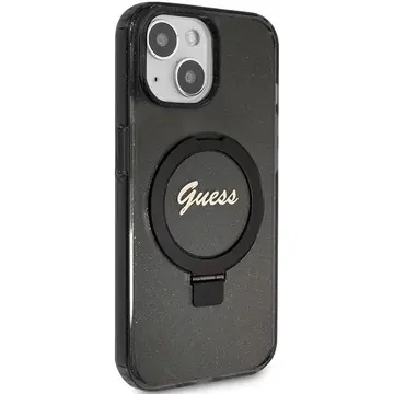 Husa Guess iPhone 15 Plus / 14 Plus 6.7" negru husă MagSafe cu inel-suport (Ring Stand) Script Glitter