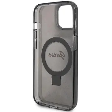 Husa Guess iPhone 15 Plus / 14 Plus 6.7" negru husă MagSafe cu inel-suport (Ring Stand) Script Glitter